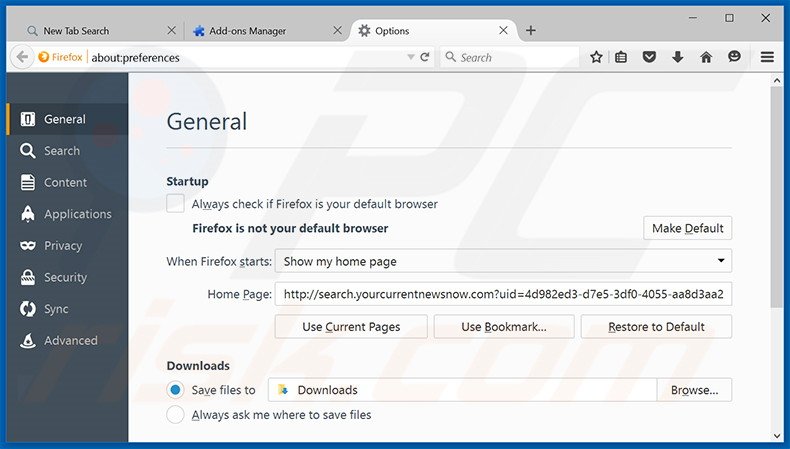 Removing search.yourcurrentnewsnow.com from Mozilla Firefox homepage