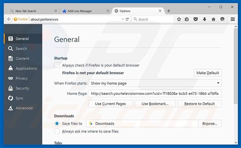 Removing search.yourtelevisionnow.com from Mozilla Firefox homepage