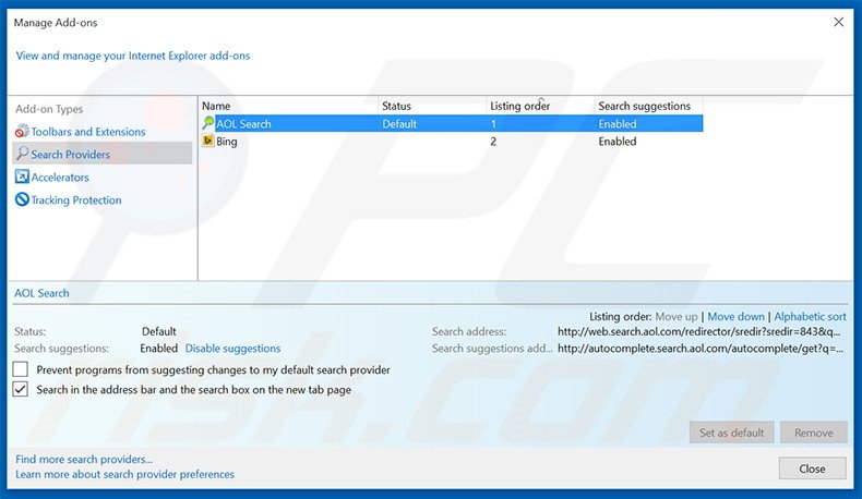 Removing search.aol.com from Internet Explorer default search engine