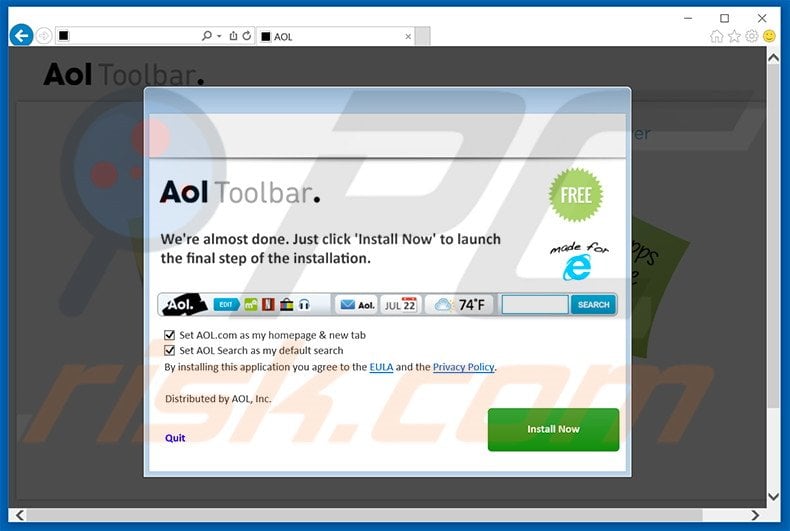 Website used to promote AOL Toolbar browser hijacker