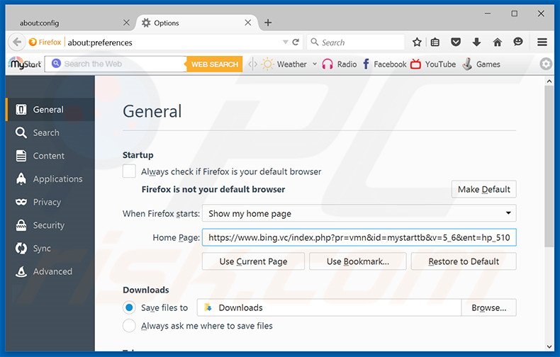 Removing bing.vc from Mozilla Firefox homepage