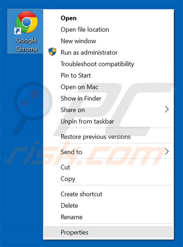 Removing isearch123.com from Google Chrome shortcut target step 1