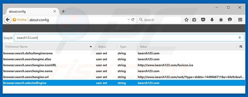 Removing isearch123.com from Mozilla Firefox default search engine