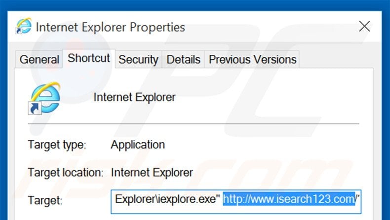 Removing isearch123.com from Internet Explorer shortcut target step 2