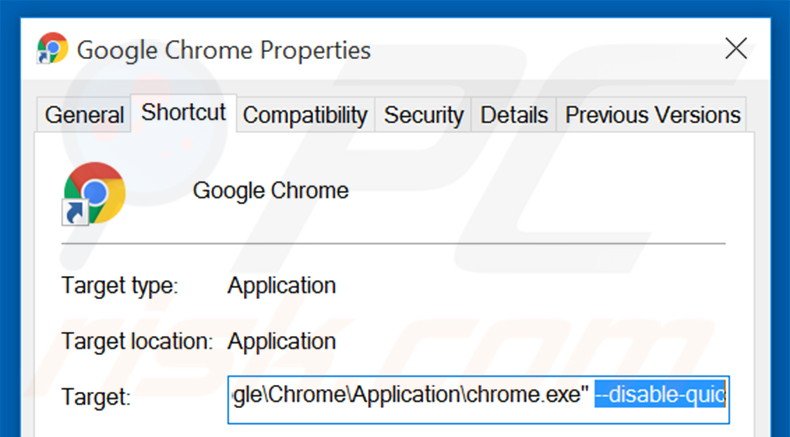 Removing istartpageing.com from Google Chrome shortcut target step 2