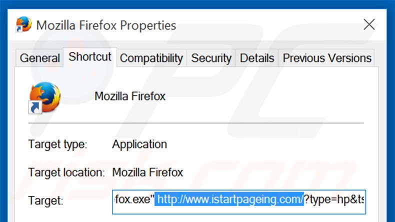 Removing istartpageing.com from Mozilla Firefox shortcut target step 2