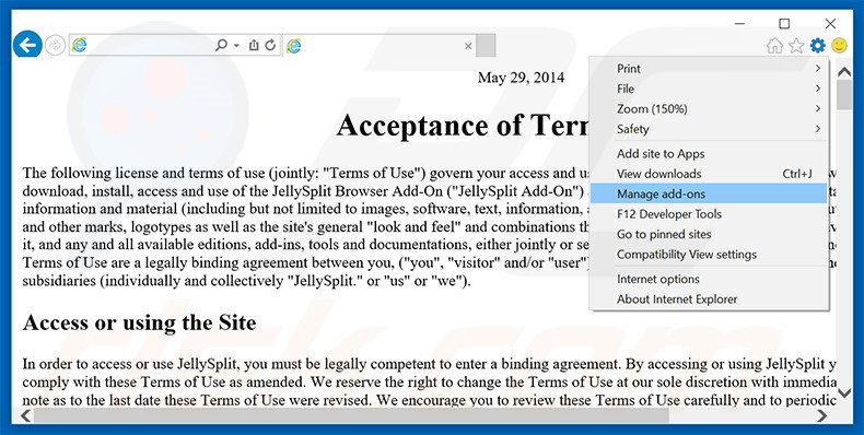 Removing JellySplit ads from Internet Explorer step 1