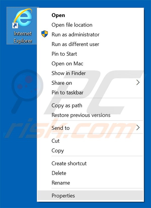 Removing mysites123.com from Internet Explorer shortcut target step 1