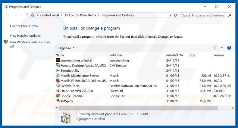 mysites123.com browser hijacker uninstall via Control Panel