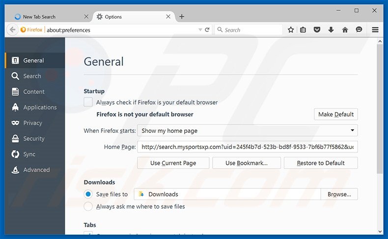 Removing search.mysportsxp.com from Mozilla Firefox homepage