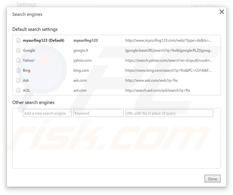 Removing mysurfing123.com from Google Chrome default search engine