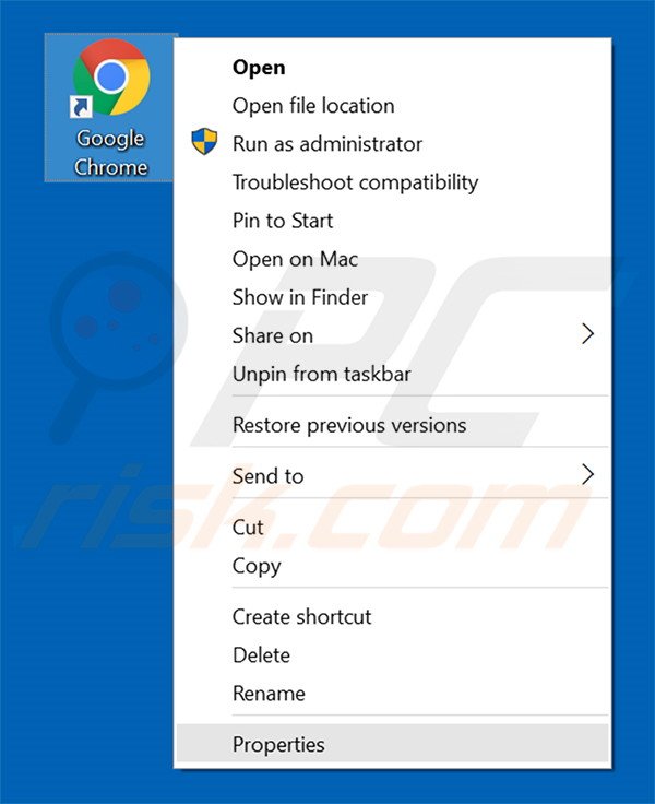 Removing piesearch.com from Google Chrome shortcut target step 1