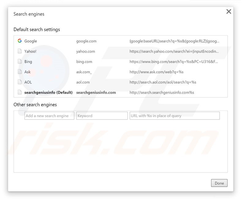Removing search.searchgeniusinfo.com from Google Chrome default search engine