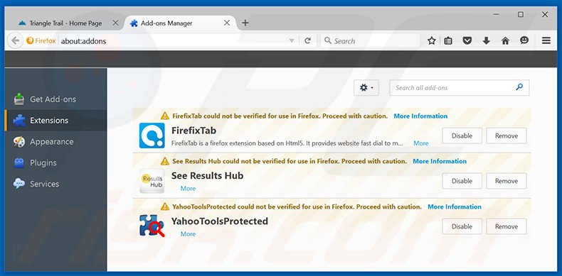 Removing Triangle Trail ads from Mozilla Firefox step 2