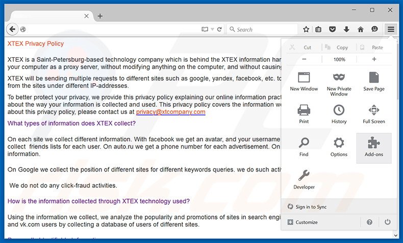 Removing XTEX ads from Mozilla Firefox step 1