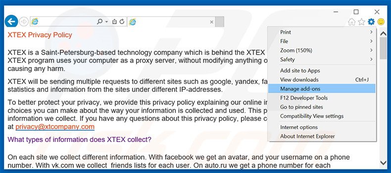 Removing XTEX ads from Internet Explorer step 1