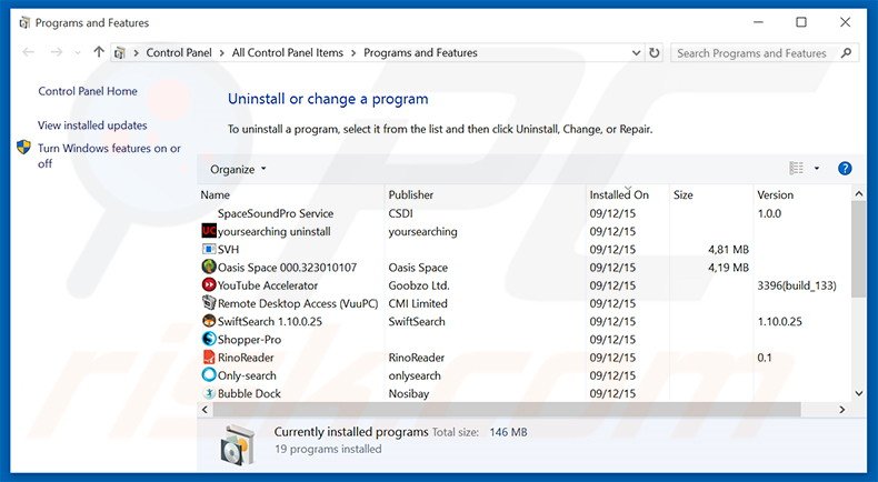 yoursites123.com browser hijacker uninstall via Control Panel