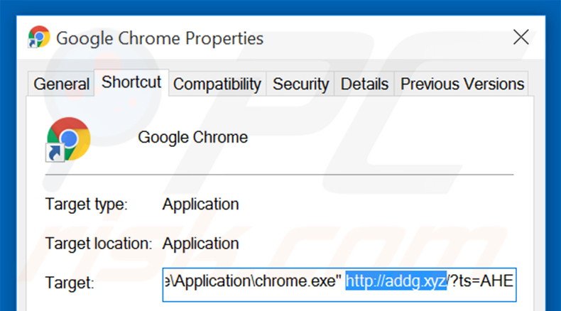 Removing addg.xyz from Google Chrome shortcut target step 2