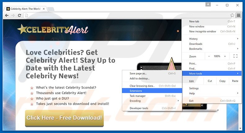 Removing Celebrity Alert  ads from Google Chrome step 1