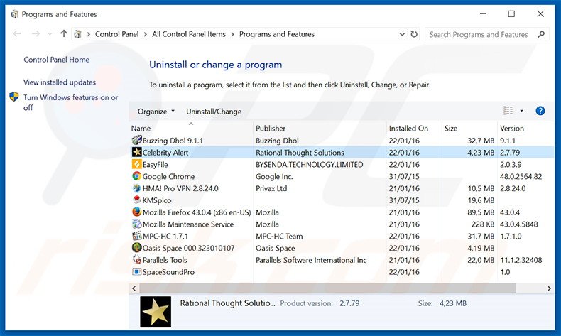 Celebrity Alert adware uninstall via Control Panel
