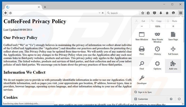 Removing CoffeeFeed ads from Mozilla Firefox step 1