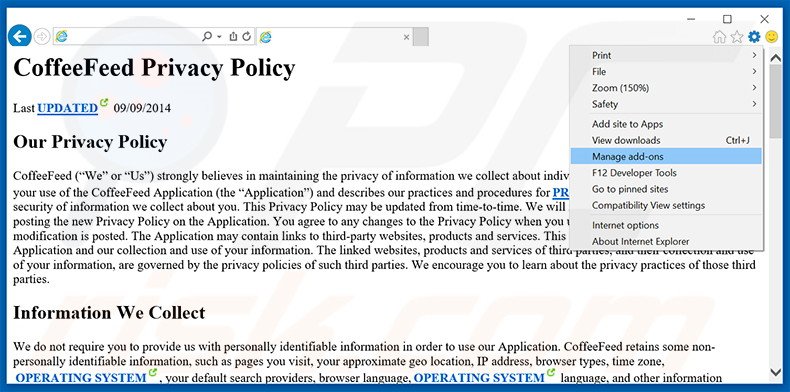 Removing CoffeeFeed ads from Internet Explorer step 1