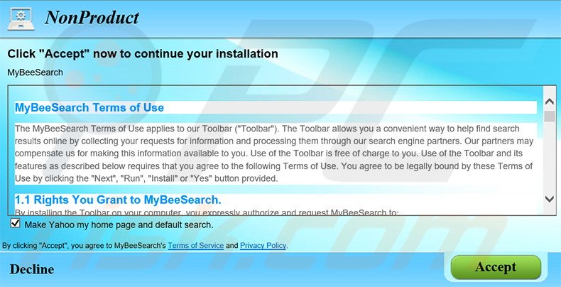 Delusive installer used to promote mybeesearch.com