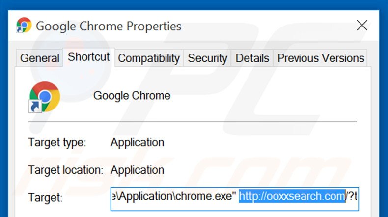 Removing ooxxsearch.com from Google Chrome shortcut target step 2
