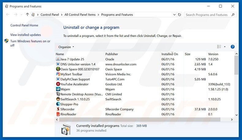 RightTopDeals adware uninstall via Control Panel
