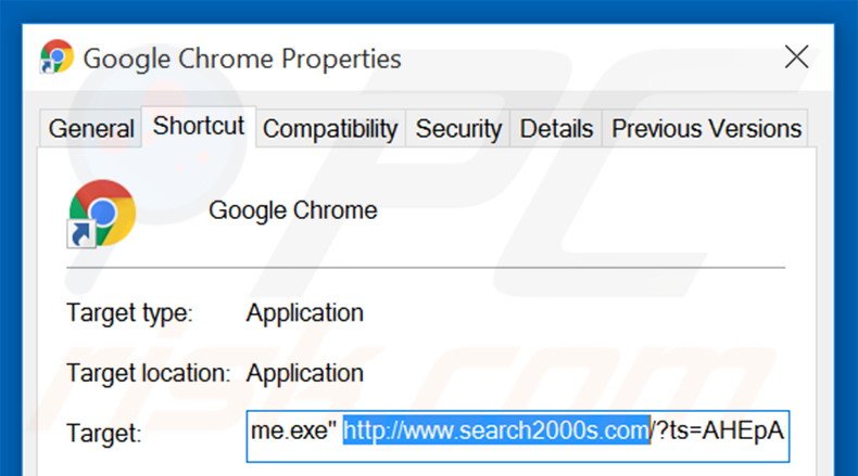 Removing search2000s.com from Google Chrome shortcut target step 2