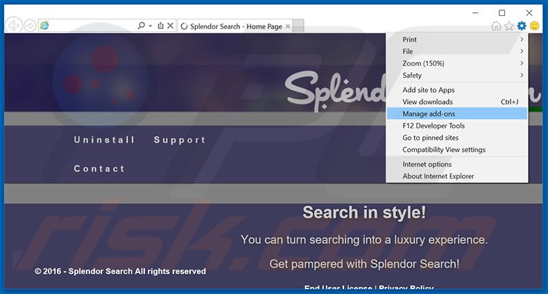 Removing Splendor Search ads from Internet Explorer step 1