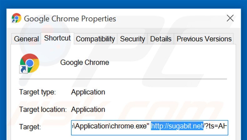 Removing sugabit.net from Google Chrome shortcut target step 2