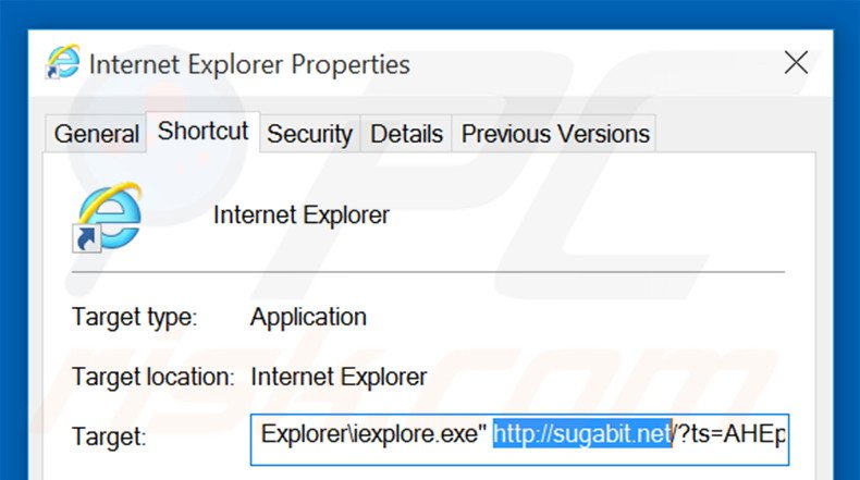 Removing sugabit.net from Internet Explorer shortcut target step 2