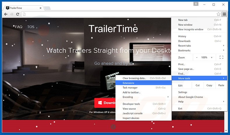 Removing TrailerTime  ads from Google Chrome step 1