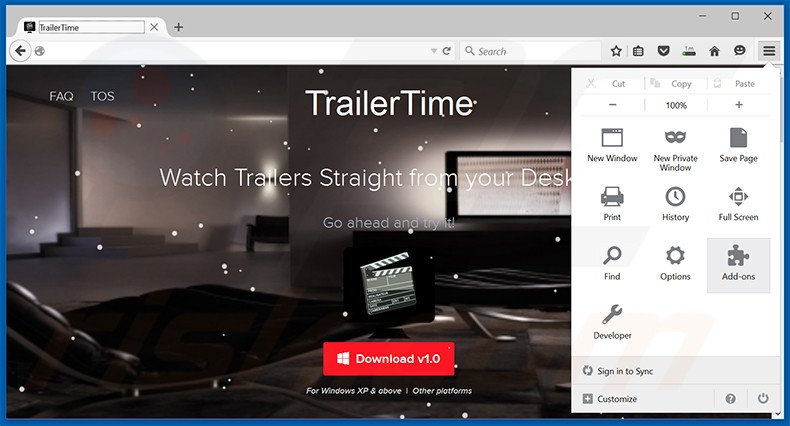 Removing TrailerTime ads from Mozilla Firefox step 1