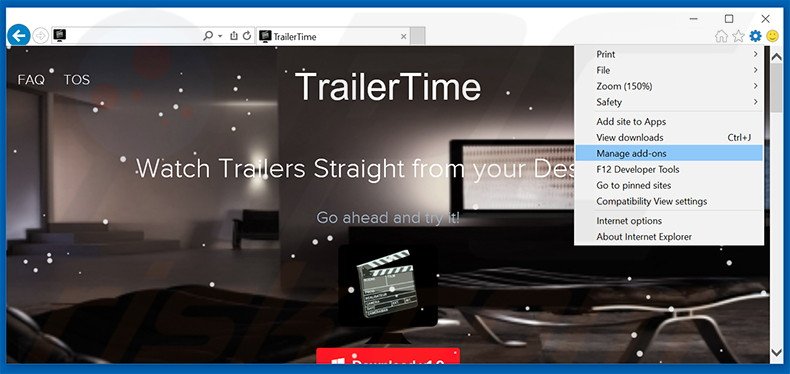 Removing TrailerTime ads from Internet Explorer step 1