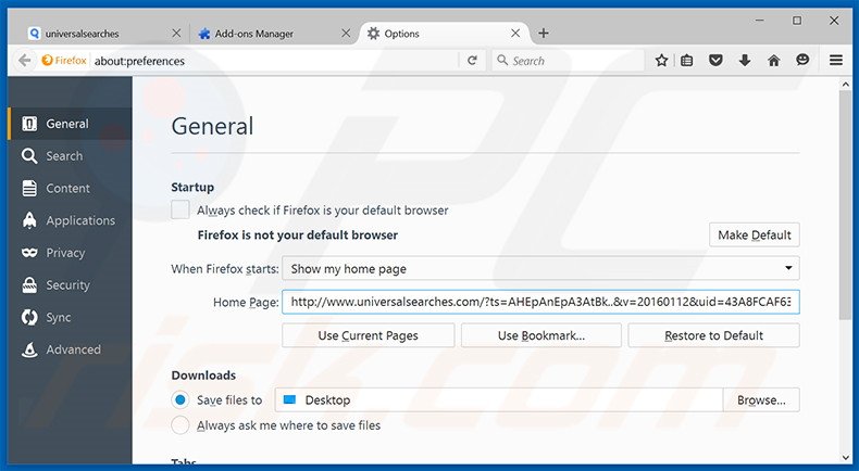 Removing universalsearches.com from Mozilla Firefox homepage