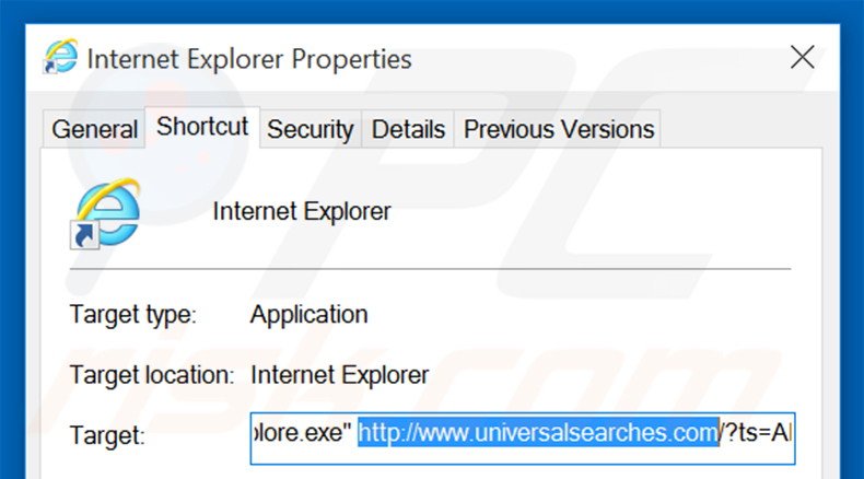 Removing universalsearches.com from Internet Explorer shortcut target step 2