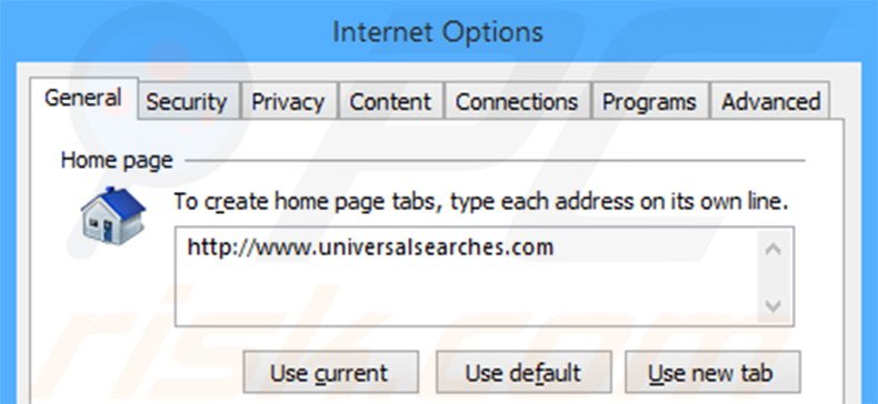 Removing universalsearches.com from Internet Explorer homepage