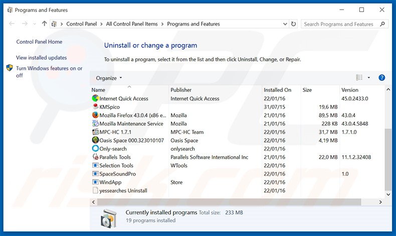 universalsearches.com browser hijacker uninstall via Control Panel