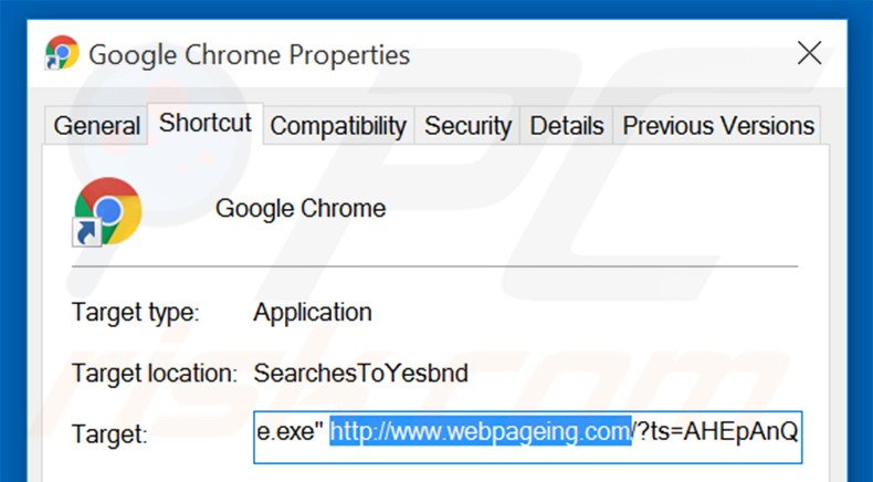 Removing webpageing.com from Google Chrome shortcut target step 2
