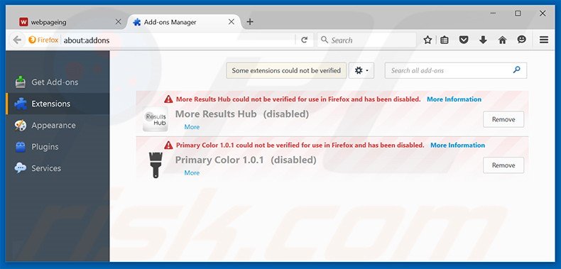 Removing webpageing.com related Mozilla Firefox extensions
