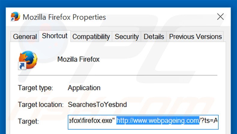 Removing webpageing.com from Mozilla Firefox shortcut target step 2