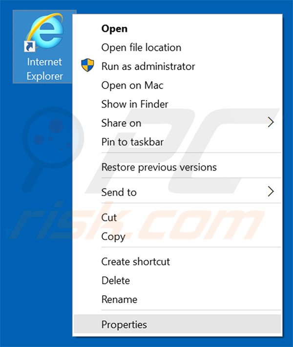 Removing webpageing.com from Internet Explorer shortcut target step 1