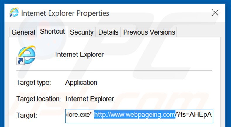 Removing webpageing.com from Internet Explorer shortcut target step 2