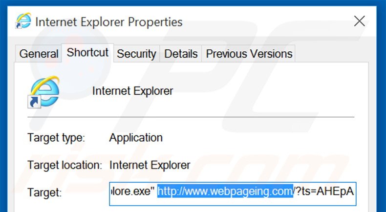 Removing webpageing.com from Internet Explorer shortcut target step 2