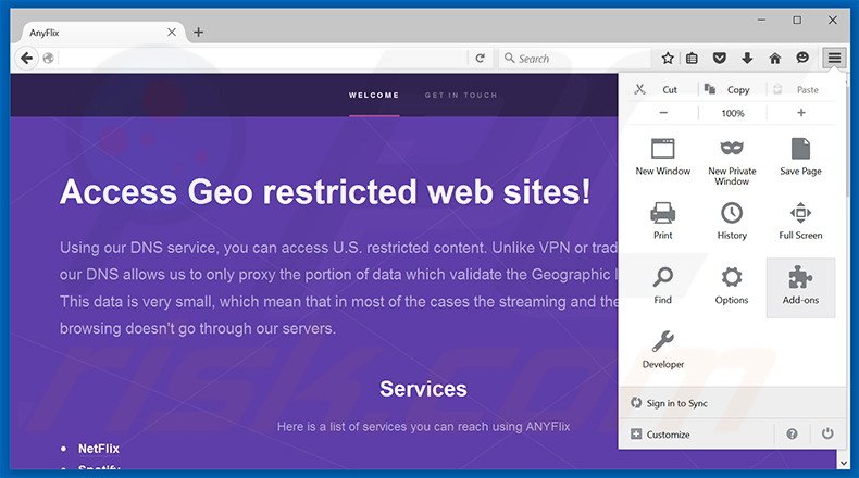 Removing AnyFlix ads from Mozilla Firefox step 1