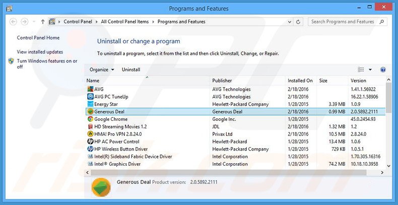 Generous Deal adware uninstall via Control Panel