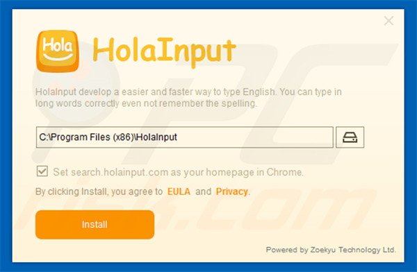 Official HolaInput browser hijacker installation setup