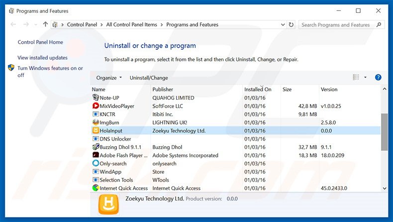 search.holainput.com browser hijacker uninstall via Control Panel